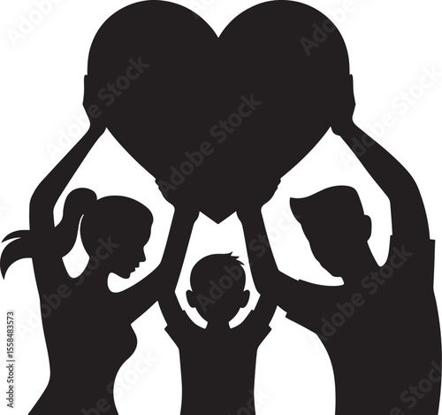 Black Silhouette Family Holding Large Heart Shape Vector Illustration love