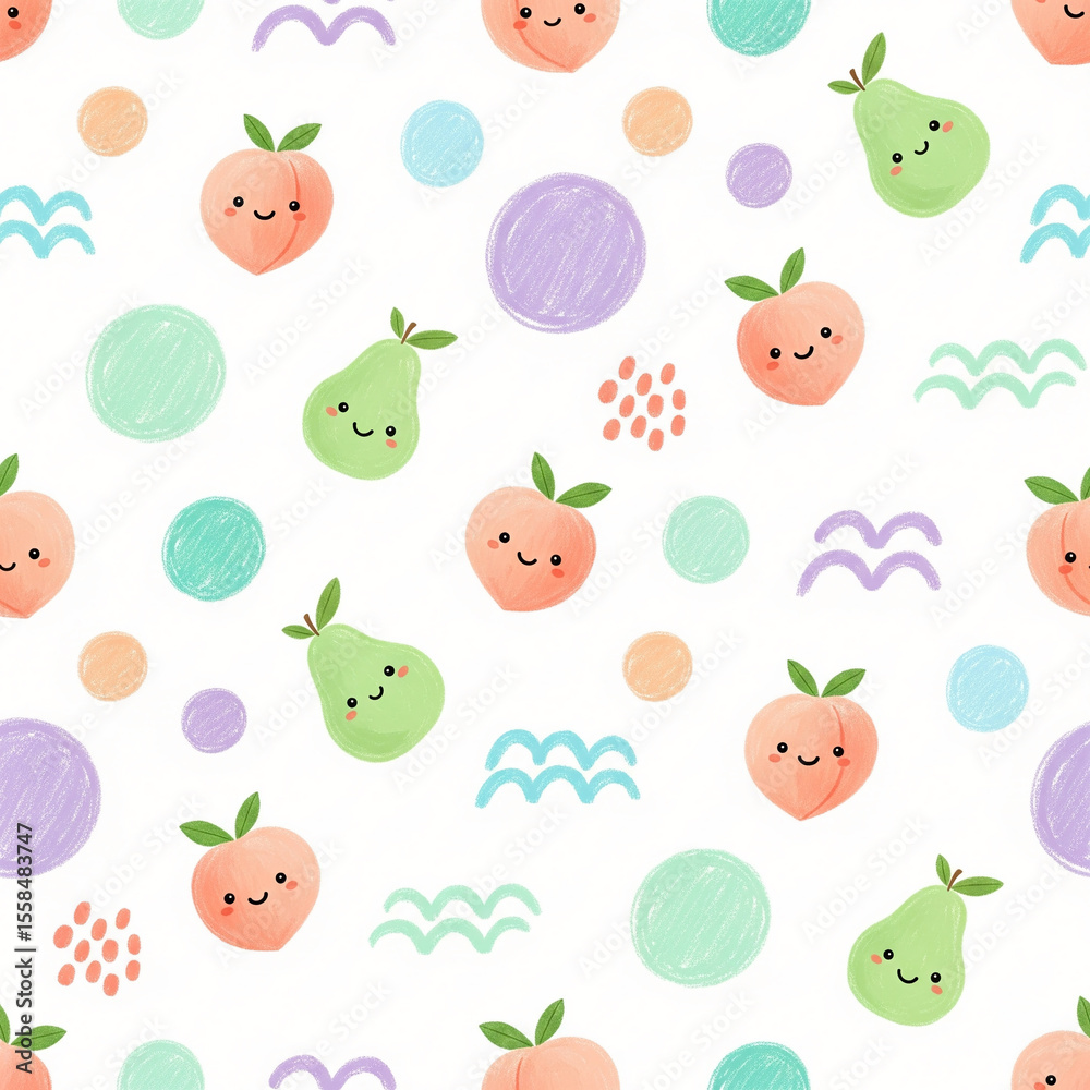 Fototapeta premium Playful Pastel Peaches and Pears with Organic Shapes and Crayon Strokes in a Whimsical Seamless Pattern