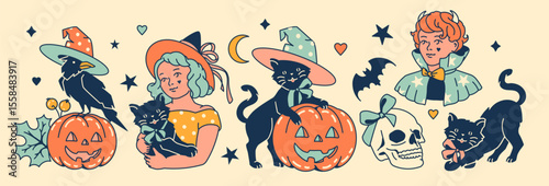 Vintage Halloween clip art set. Witches, pumpkins, cats, spooky elements and oddities for festive designs