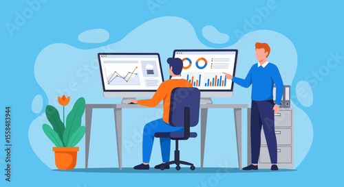 Business Strategy Team Analyzing Financial Data on Computers for Growth and Success in Office