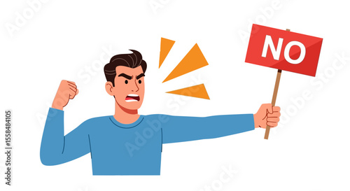 Angry Man Protesting, Holding a 'No' Sign Vector Illustration