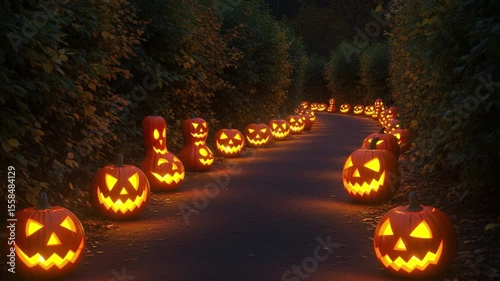 Halloween pumpkins glowing on path spooky autumn season decoration