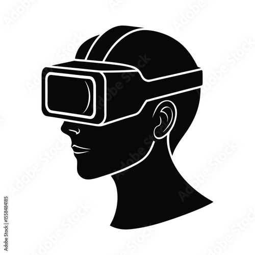 Futuristic virtual reality headset worn by a person presented as a clean black silhouette for digital experiences