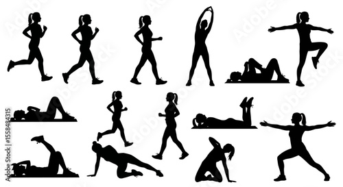 Silhouette Collection Diverse Women Exercising, Fitness Poses, Workout Illustrations