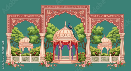 Elegant Indian Architectural Design with Peacock and Lush Gardens