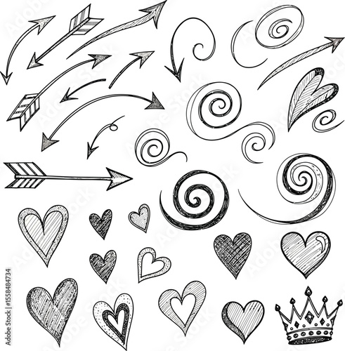 Hand drawn heart pattern set for romantic Valentine design and decoration