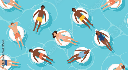 Summer Fun Diverse Group Relaxing on Inflatable Rings in a Pool