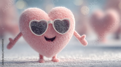 A wacky Valentineâ€™s heart with sunglasses on a soft white blur, fun love symbol, quirky romance, trendy holiday graphic