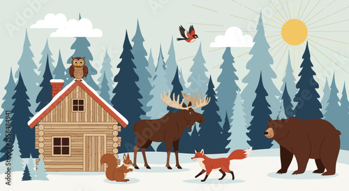 Winter Wonderland Cabin Scene with Animals Illustration