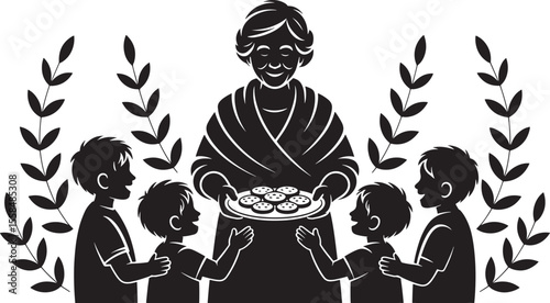 Black Silhouette Grandmother Giving Cookies To Four Grandchildren Surrounded By Leaves plate