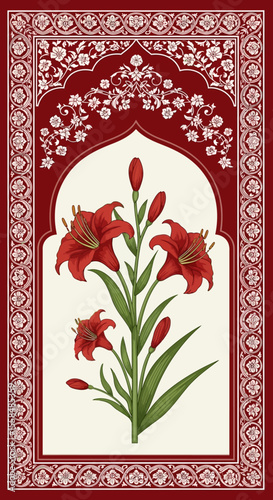 Elegant Red Lily Floral Design with Arch Frame Botanical Illustration