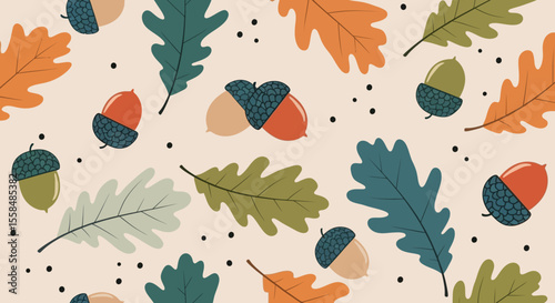 Autumnal Acorn and Oak Leaf Pattern Seamless Fall Design
