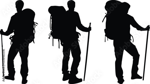 Silhouettes of hikers with backpacks and trekking poles captured in various dynamic poses against a white background