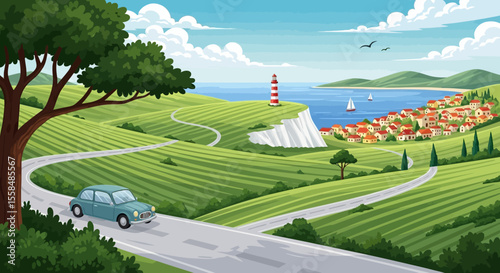 Scenic Coastal Road Trip Rolling Hills, Charming Village, and Lighthouse View