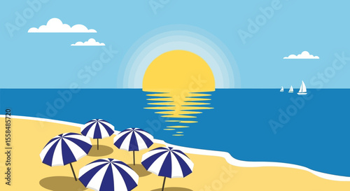 Serene Sunset Beach Scene  Summer Vacation Illustration