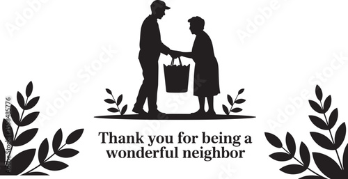 Black Silhouette Illustration Neighborly Kindness Grocery Bag Elderly Person Helping Hand Thank You Wonderful Neighbor