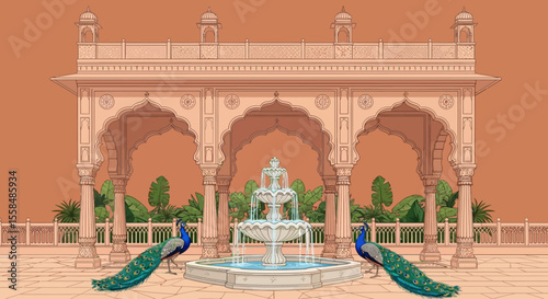 Elegant Peacock Fountain in Mughal Architecture Pavilion Illustration
