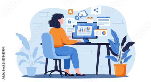 Woman Working on Computer with Data Analytics and Cloud Computing