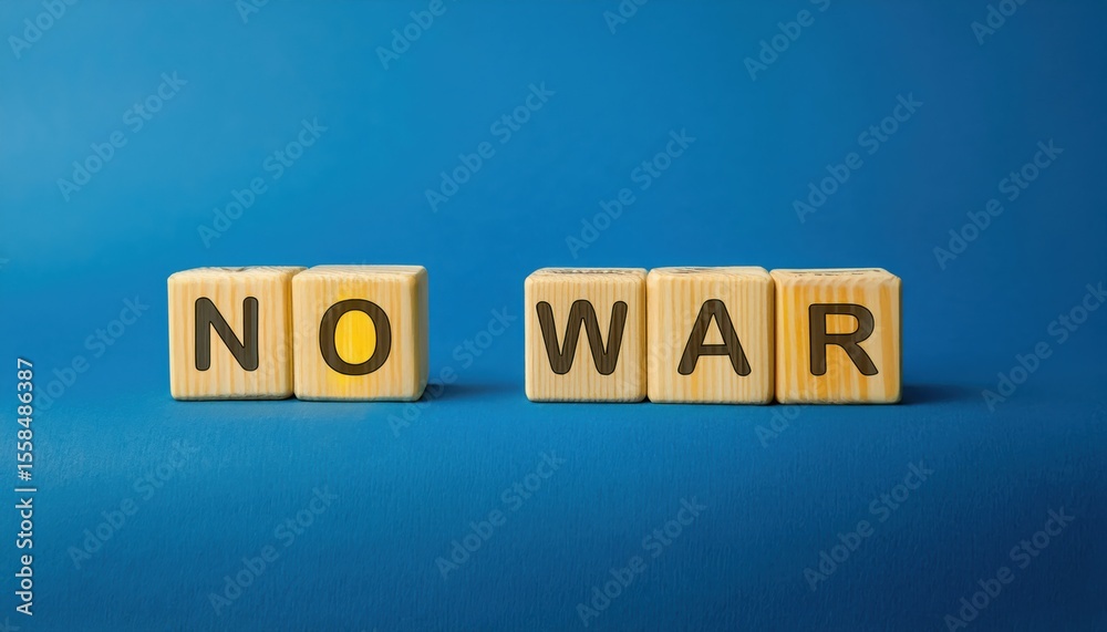 Obraz premium wooden blocks spelling no war on blue background, anti war message for social activism, peace campaign, or educational use