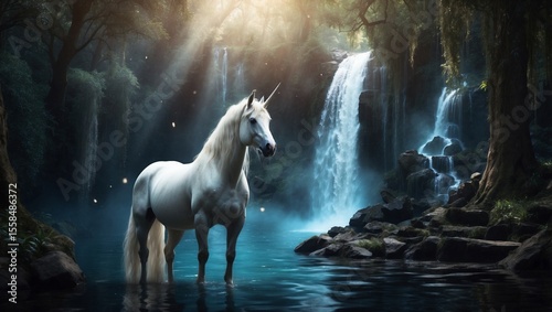 White Unicorn Rests by Shaded Pool
