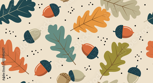 Autumnal Acorn and Oak Leaf Seamless Pattern Design
