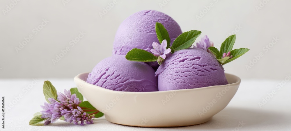 The vibrant purple ice cream served with fresh mint and floral accents. The vibrant purple ice cream served with fresh mint and floral accents.