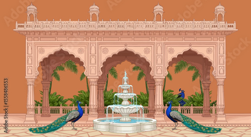 Elegant Indian Palace Courtyard with Peacocks and Fountain