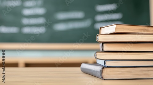 A stack of textbooks and notebooks arranged on a desk in a classroom environment with a chalkboard visible in the background suggesting an academic or educational setting