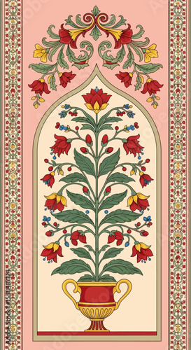 Elegant Floral Mughal Design Vintage Botanical Illustration in a Pot