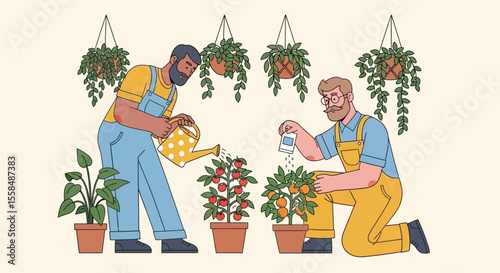 Two Men Tending to Indoor Plants, Gardening Together, Homegrown Produce