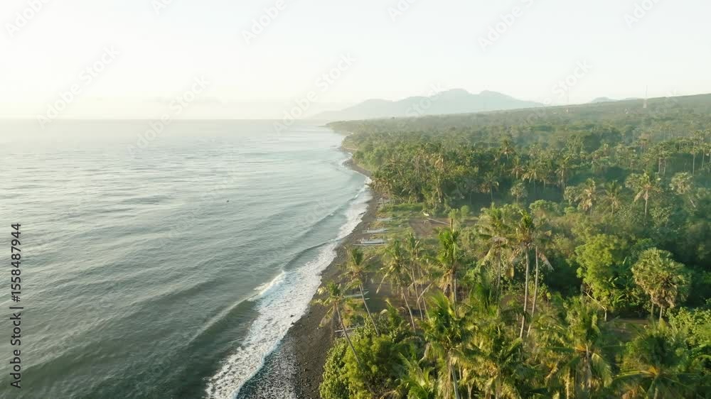 Drone Smooth Flight of Shore with Ocean Waves and Lush Tropical Vegetation. Relaxing Coastal Scenery Filmed in Bali, Indonesia. Perfect for Calm and Nature-Themed Projects. Drone Smooth Flight of Shore with Ocean Waves and Lush Tropical Vegetation. Relaxing Coastal Scenery Filmed in Bali, Indonesia. Perfect for Calm and Nature-Themed Projects.