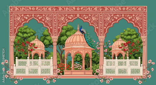 Elegant Peacock in Mughal-Inspired Garden Illustration