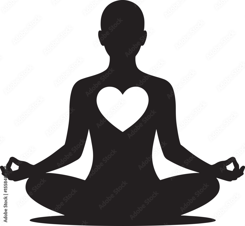 Black Silhouette Person Meditating White Heart Center Vector Graphic yoga meditation Black Silhouette Person Meditating White Heart Center Vector Graphic yoga meditation
