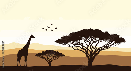 Silhouette of Giraffe and Acacia Trees in African Savanna Sunset Landscape