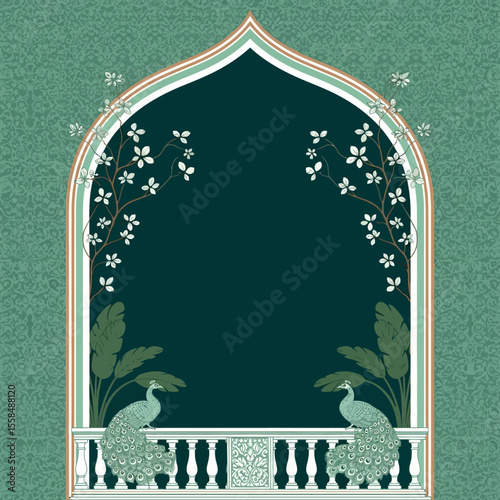 Elegant Peacock and Floral Archway Illustration