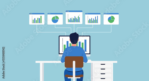 Data Analyst Working on Computer with Multiple Charts and Graphs