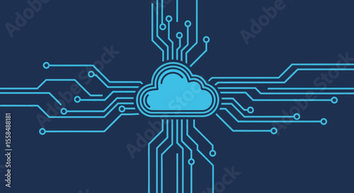 Cloud Computing Technology Circuit Board and Cloud Data Network Illustration