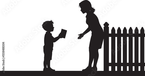 Black Silhouette Vector Illustration Boy Giving Book Woman Fence girl child
