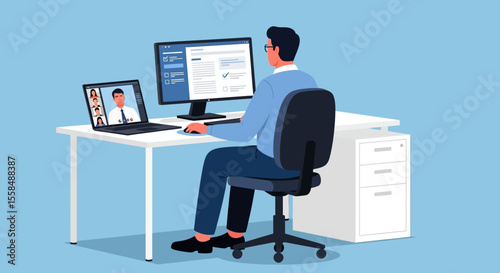 Remote Work Man in Video Conference Meeting at Desk