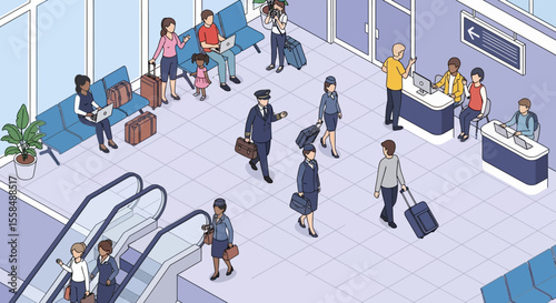 Airport Terminal Passengers, Staff, and Travel Essentials