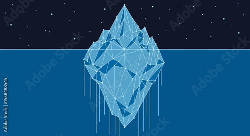 Abstract Iceberg Illustration Crystalline Structure, Night Sky, Low Poly Design