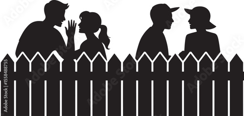 Black Silhouette Vector Illustration Four People Talking Over Fence white