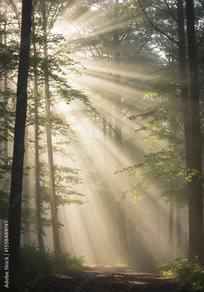 Fototapeta premium 神秘的な森の光線 朝の霧が幻想的