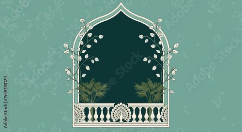 Elegant Archway with Floral and Palm Design Teal and White Illustration