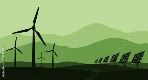 Sustainable Energy Wind Turbines and Solar Panels in a Green Landscape