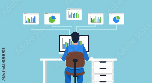 Data Analyst Monitoring Key Performance Indicators (KPIs) on Multiple Screens