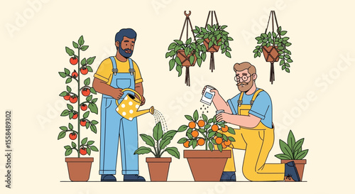 Two Men Tending to Indoor Plants and Tomatoes, Gardening Illustration