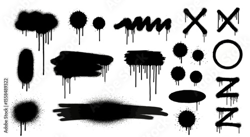 Collection of Black Spray Paint Splatter and Drip Effects Design Elements