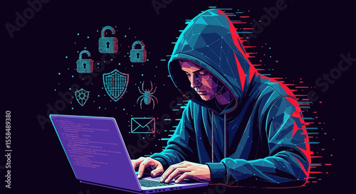 Cybersecurity Threat Hacker Using Laptop, Digital Security Breach Illustration