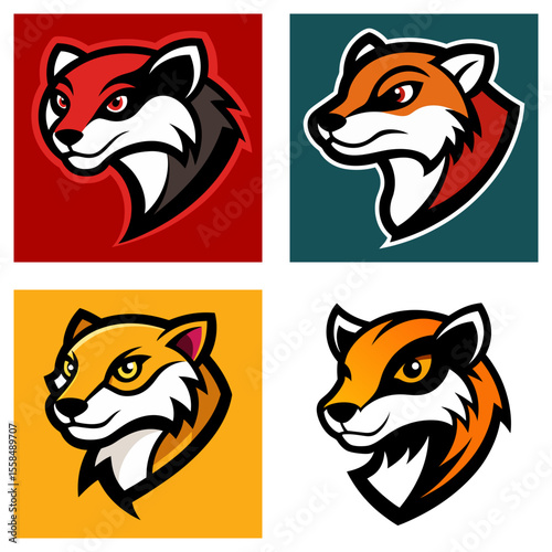 Four stylized fox head illustrations in different color schemes and background variations shown here